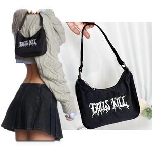 Dolls kill baguette shoulder bag black white embroidered